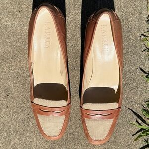 Ralph Lauren leather heels with canvas accent.